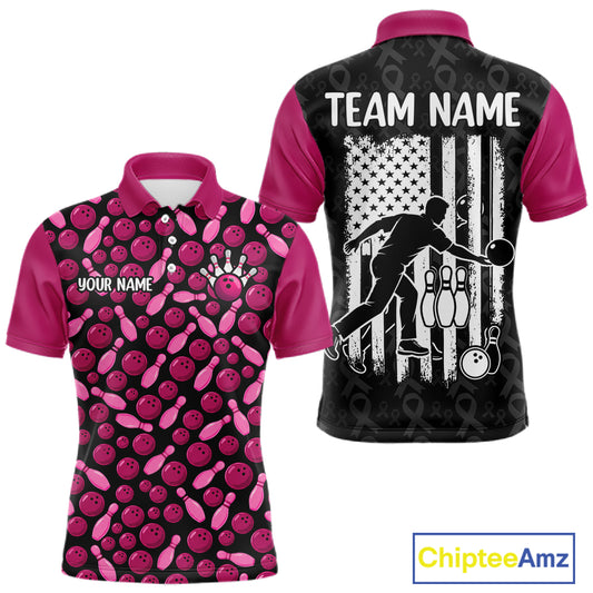 Breast Cancer Awareness Pink Ribbon Bowling Polo Shirt For Men Custom USA Flag Team Tournament Jersey NHT1634