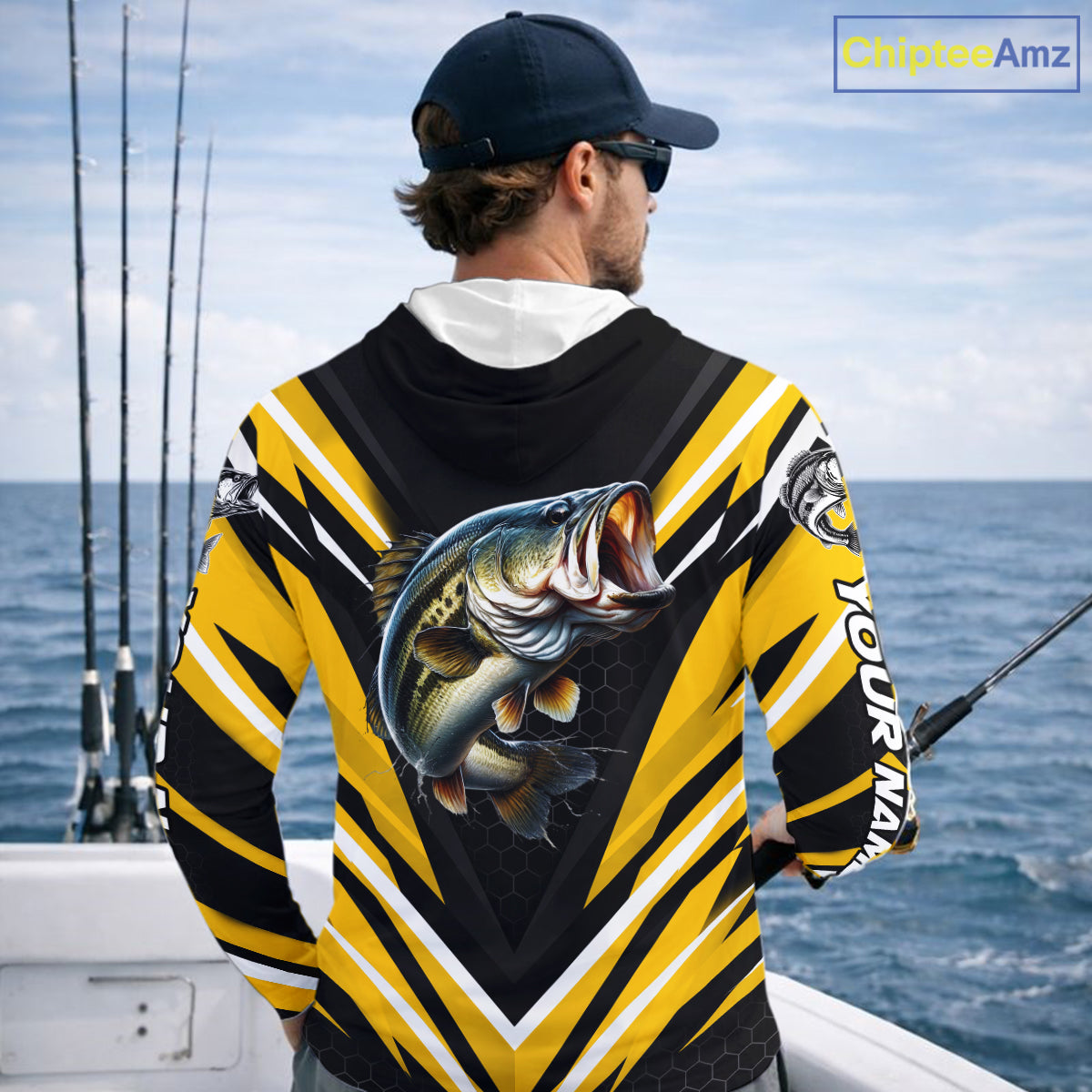 Largemouth Bass Fishing Long Sleeve Hooded Shirt Custom Yellow Black Fish Performance Jersey NHT1639