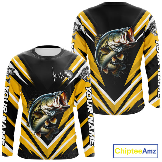 Largemouth Bass Fishing Long Sleeve Shirt Custom Yellow Black Fish Performance Jersey NHT1639
