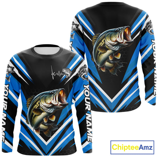 Largemouth Bass Fishing Long Sleeve Shirt Custom Blue Black Fish Performance Jersey NHT1641