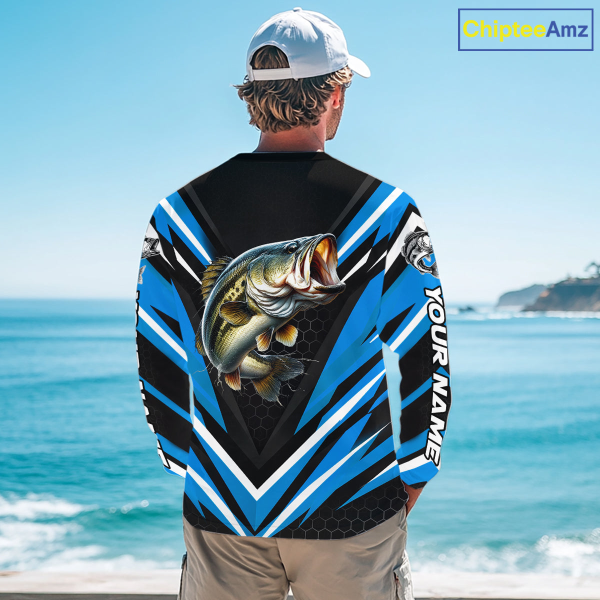 Largemouth Bass Fishing Long Sleeve Shirt Custom Blue Black Fish Performance Jersey NHT1641
