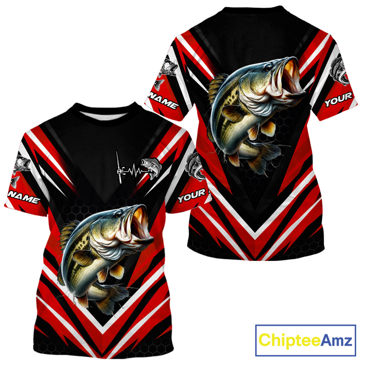 Largemouth Bass Fishing Short Sleeve Shirt Custom Red Black Fish Performance Jersey NHT1642