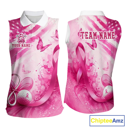 Personalized Women Sleeveless Golf Shirt Breast Cancer Awareness Pink Ribbon, Butterfly Custom Name Team NHT1494
