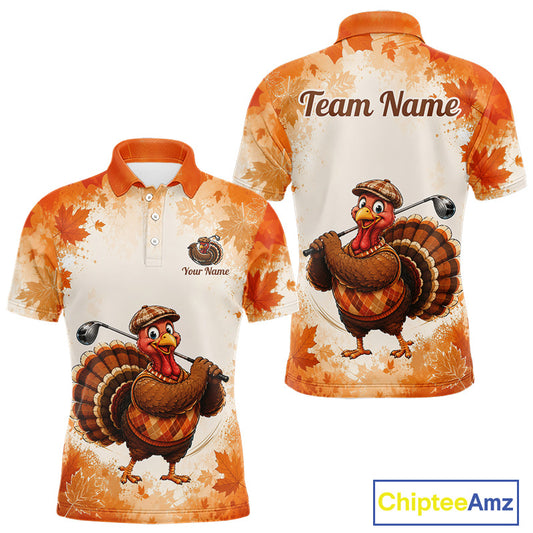 Thanksgiving Turkey Men Golf Polo Shirt Custom Name, Personalized Autumn Golf Team Polo NHT1337