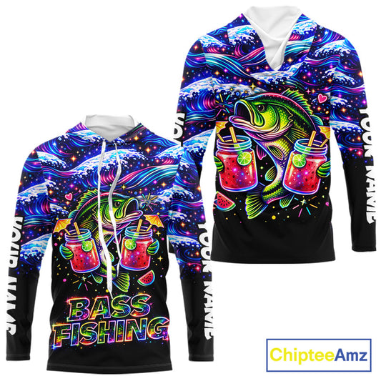 Bass Fishing Shirts Long Sleeve Hooded- Neon Bass Shirt, Funny Fishing Gift For Fishermen NHT535