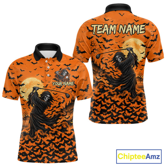 Grim Reaper Golf Halloween Orange Men Polo Shirt Custom Bats Full Moon Sports Club Jersey NHT1692