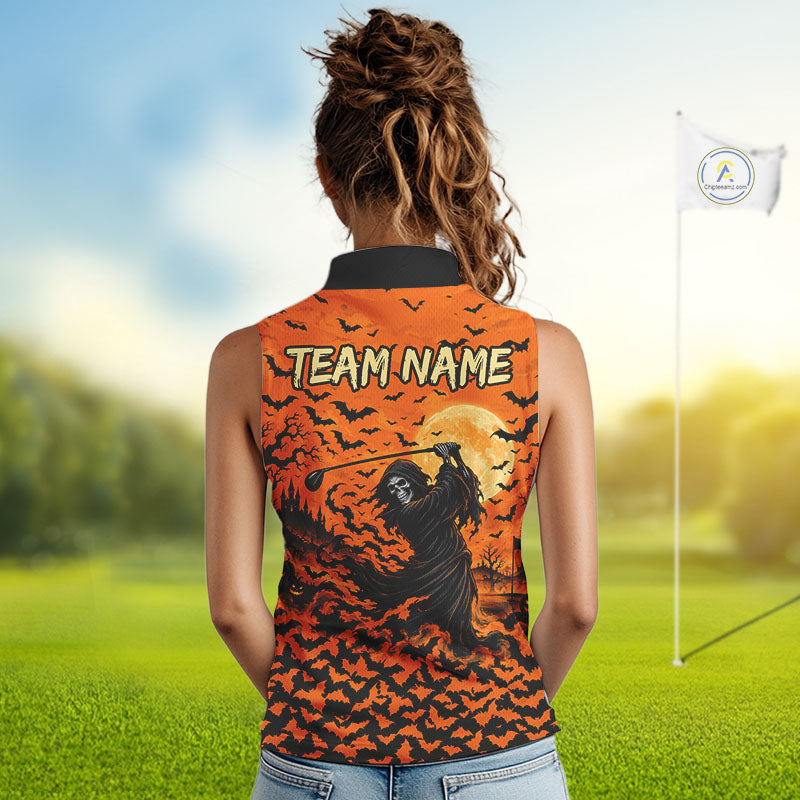 Grim Reaper Golf Halloween Orange Women Sleeveless Polo Shirt Custom Bats Full Moon Sports Club Jersey NHT1692