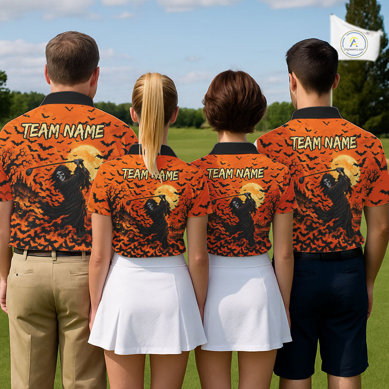Grim Reaper Golf Halloween Orange Men Polo Shirt Custom Bats Full Moon Sports Club Jersey NHT1692