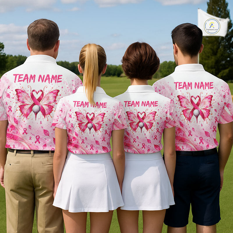 Breast Cancer Awareness Butterfly Women Golf Polo Shirt Custom Pink Ribbon Team Jersey NHT1695