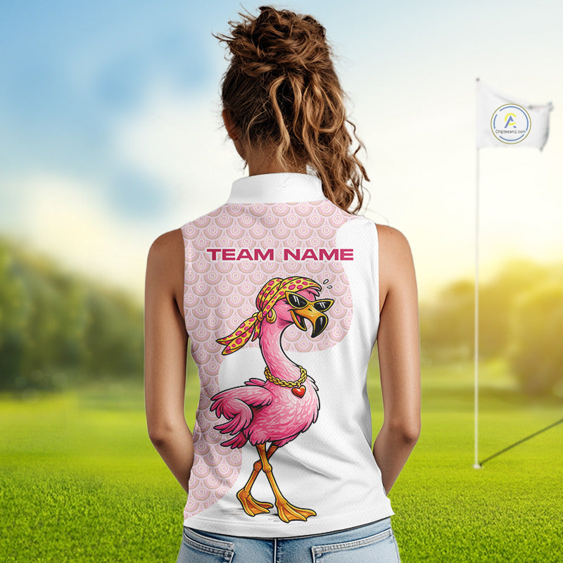 White Pink Womens Sleeveless Golf Shirt Flamingo Golf Funny Custom Team Name Cool Gift For Golfer NHT546