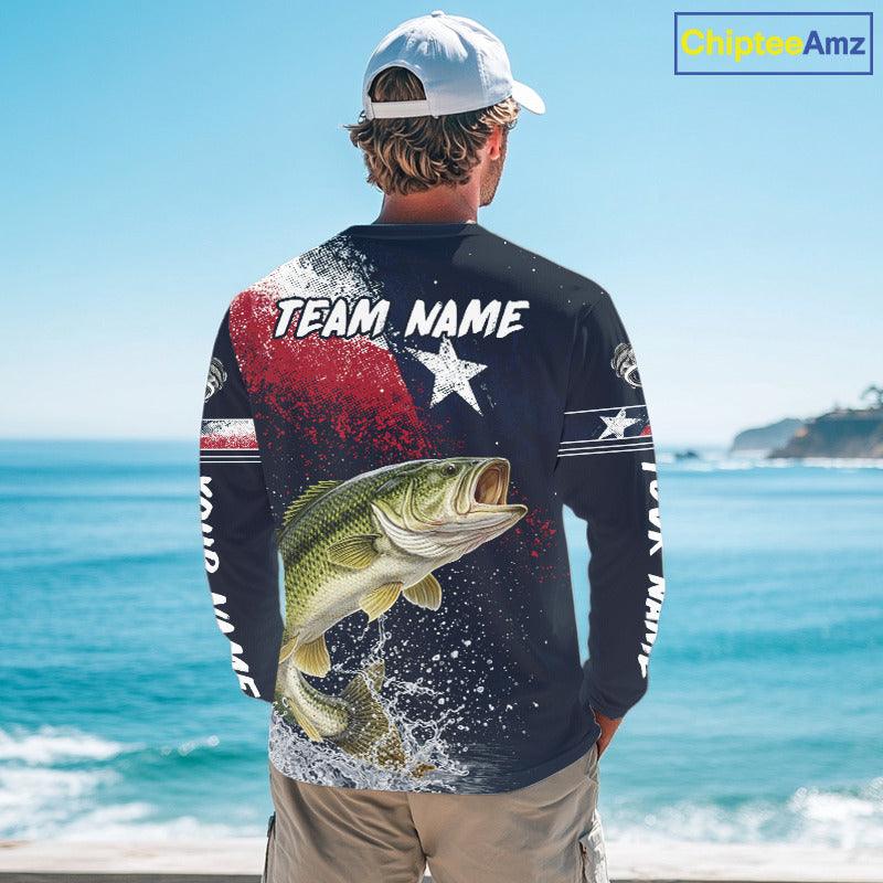 Custom Vintage Bass Long Sleeve Patriotic Fishing Shirt For Men, Bass Texas Flag Fishing Shirt NHT764