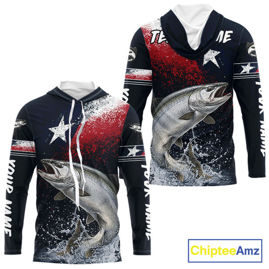 Custom Vintage Chinook Salmon Long Sleeve Hooded Patriotic Fishing Shirt For Men, Salmon Texas Flag Fishing Shirt NHT765