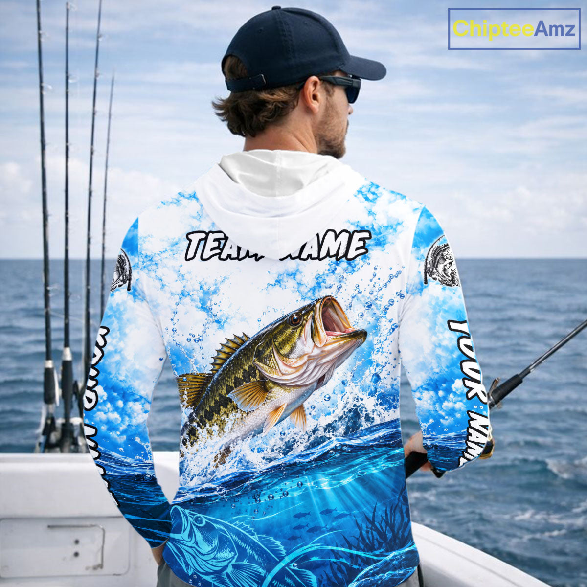 Blue Ocean Water Bass Hooded Fishing Shirt Custom Outdoor Sports Performance Jersey NHT1730