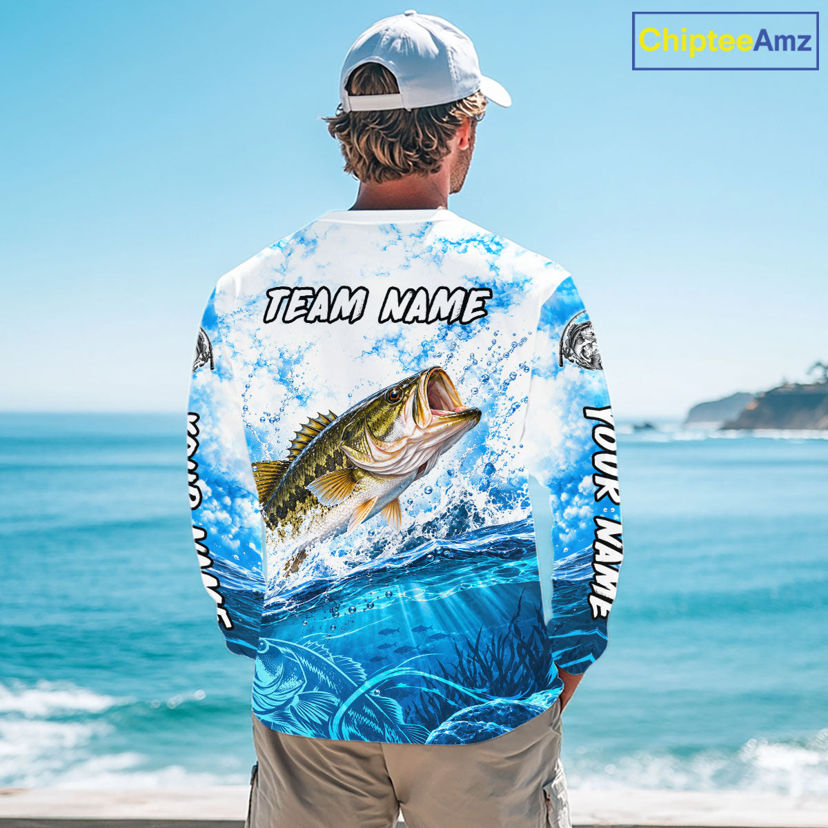 Blue Ocean Water Bass Fishing Shirt Long Sleeve Custom Outdoor Sports Performance Jersey NHT1730