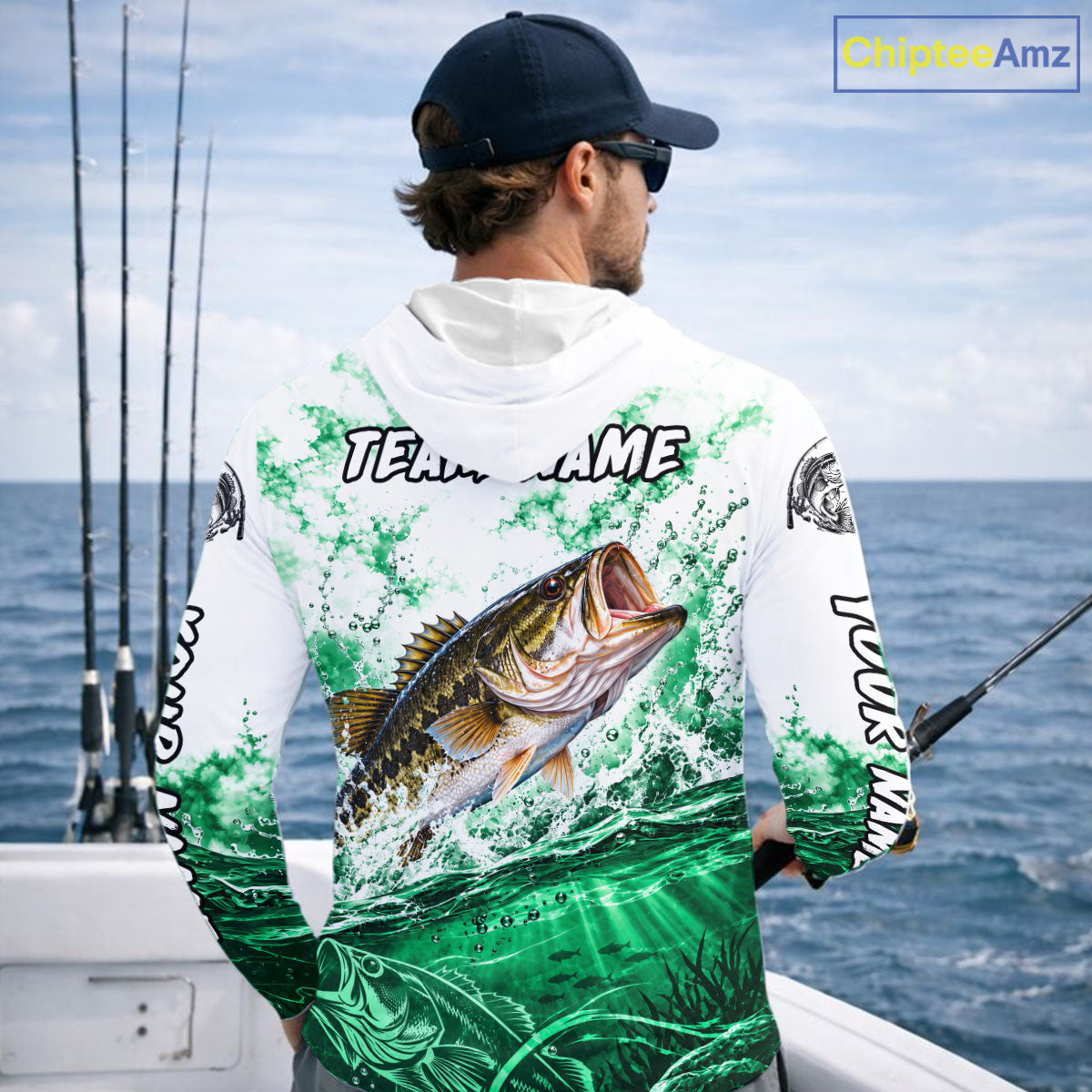 Green Ocean Water Bass Hooded Fishing Shirt Custom Outdoor Sports Performance Jersey NHT1731