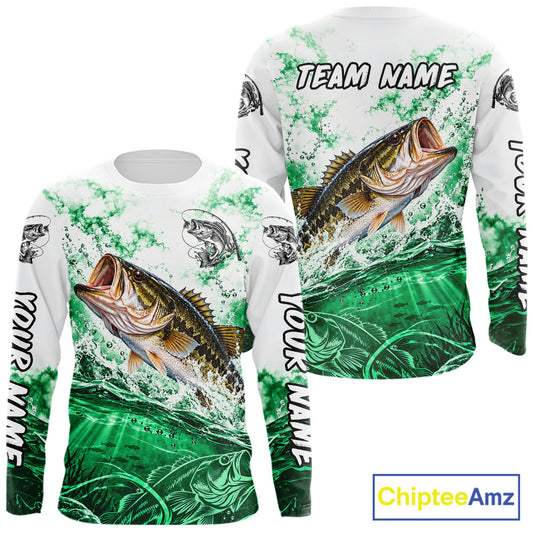 Green Ocean Water Bass Fishing Shirt Long Sleeve Custom Outdoor Sports Performance Jersey NHT1731