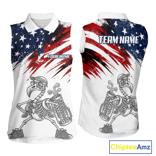 Patriotic Sleeveless Womens Golf Polo Shirt – USA Flag Skull Flamingo Golfer Funny Golf Outfit For Womens NHT780