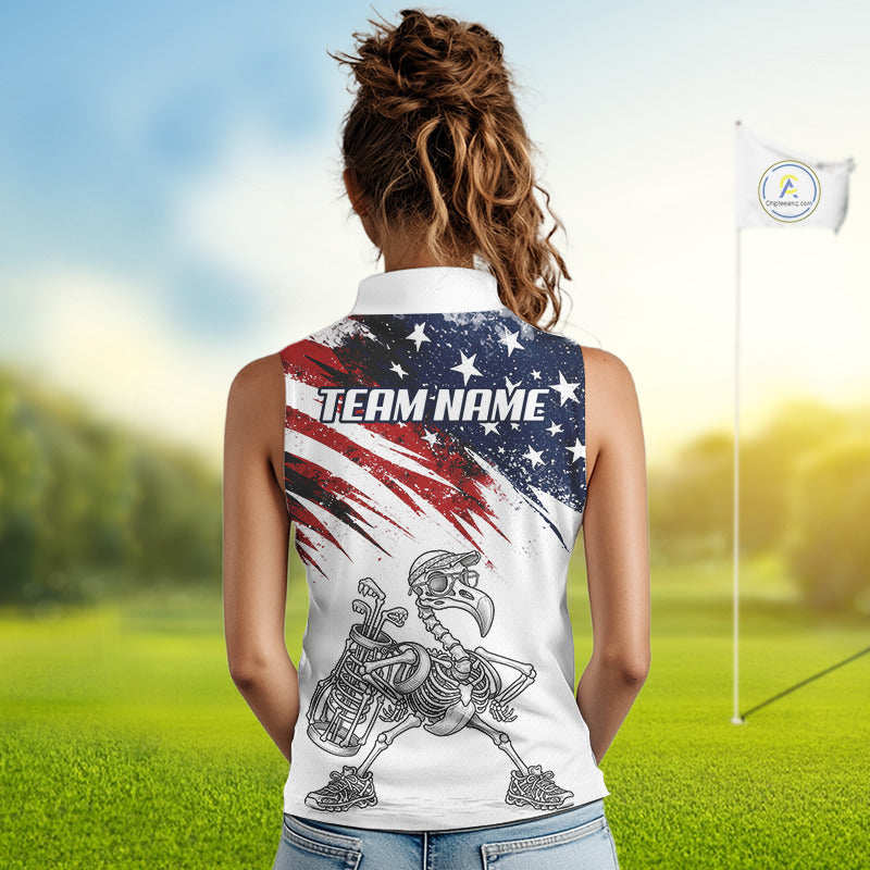 Patriotic Sleeveless Womens Golf Polo Shirt – USA Flag Skull Flamingo Golfer Funny Golf Outfit For Womens NHT780