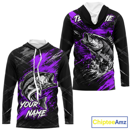 Hooded Personalized Purple Bass Fishing Jersey, Largemouth Bass Shirt, Custom Name Fishing Team Shirt NHT1593