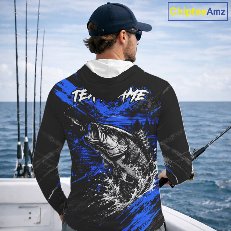 Hooded Personalized Blue Bass Fishing Jersey, Largemouth Bass Shirt, Custom Name Fishing Team Shirt NHT1594