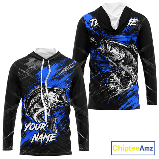 Hooded Personalized Blue Bass Fishing Jersey, Largemouth Bass Shirt, Custom Name Fishing Team Shirt NHT1594