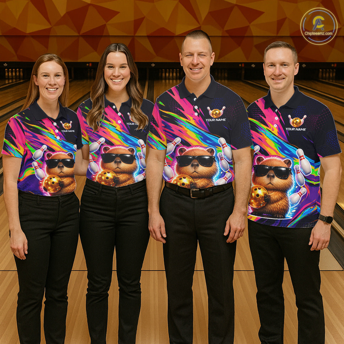 Funny Capybara Bowling Team Polo Shirt, 1/4 Zip For Women Custom Name Neon Color Bowling Jersey NHT1157