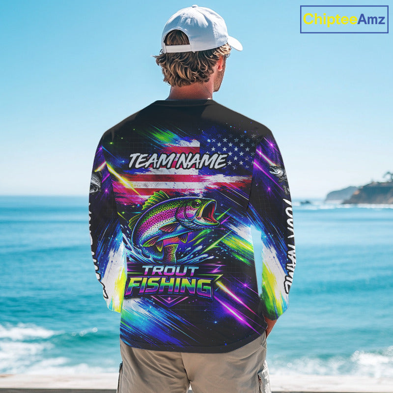 Personalized Rainbow Trout Fishing Jerseys, Custom American Flag Fishing Shirts Long Sleeve For Men NHT639