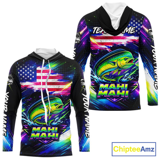 Personalized Mahi Mahi Fishing Jerseys, Custom American Flag Hooded Fishing Shirts Long Sleeve For Men NHT640