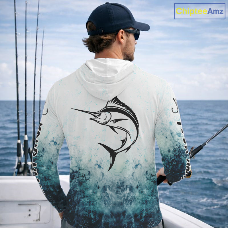 Personalized Marlin Fishing Shirt Long Sleeve Hooded Deep Sea Fishing Shirt, Ocean Wave Fishing Apparel NHT1463