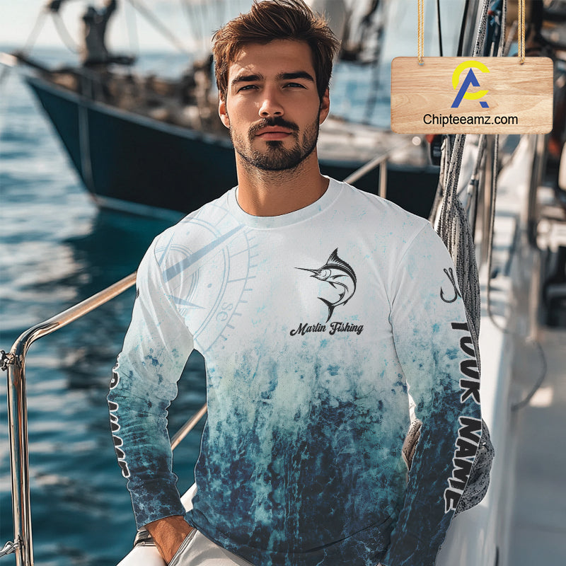 Personalized Marlin Fishing Shirt Long Sleeve Deep Sea Fishing Shirt, Ocean Wave Fishing Apparel NHT1463