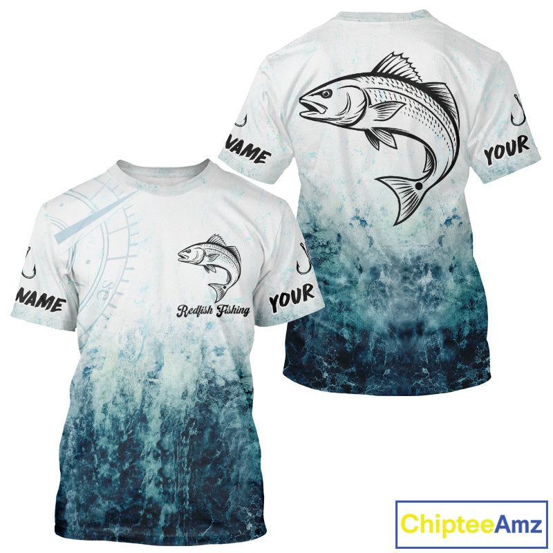 Personalized Redfish Fishing Shirt Short Sleeve Deep Sea Fishing Shirt, Ocean Wave Fishing Apparel NHT1464