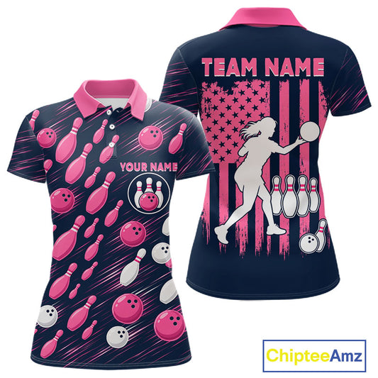 Navy Pink Bowling Ball Pins Polo Shirt For Women Custom USA Flag Bowling Team Tournament Jersey NHT1635