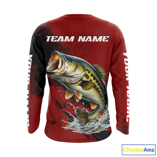 Bass Fishing Red Camo Custom Name UV Protection Fishing Shirts Long Sleeve For Men NHT528