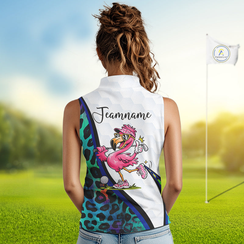 Funny Pink Flamingo Custom Colorful Neon Leopard Team Sleeveless Golf Polo Shirt For Women NHT544