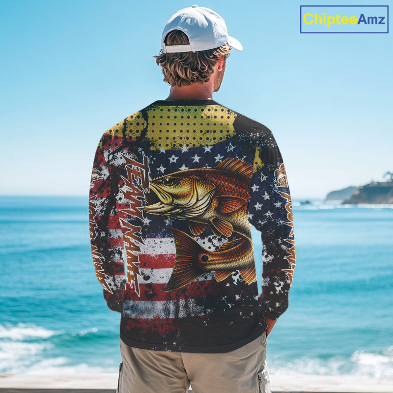 American Flag Custom Redfish Fishing Shirts Long Sleeve, Patriotic Redfish Fishing Jerseys NHT484