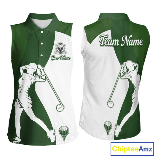 Custom Green & White Womens Sleeveless Golf Polo Shirt, Golf Jersey Team Golf For Women NHT560