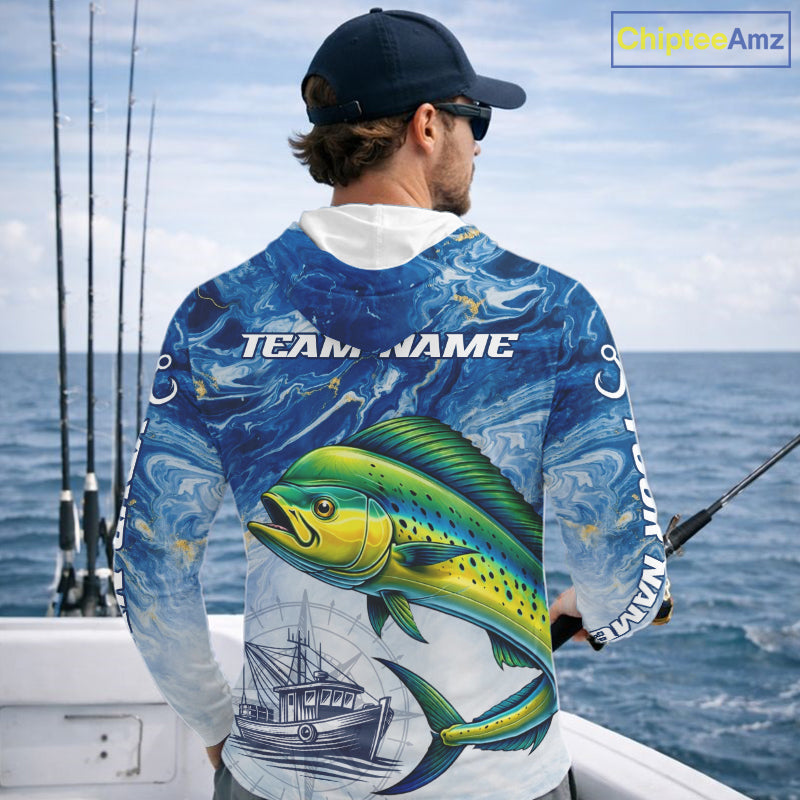 Personalized Mahi Mahi Fishing Shirt With Ocean Wave Graphic, Hooded Long Sleeve Fishing Apparel NHT612