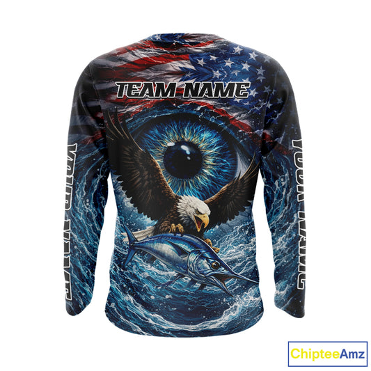 USA Eagle Marlin Fishing Shirt Long Sleeve – Custom Name Patriotic Ocean Eye Design NHT429
