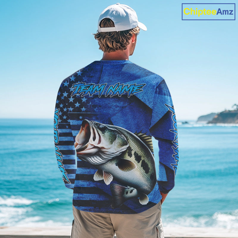 Bass Fishing Shirts Long Sleeve With American Flag, Personalized Bass Fishing Gift For Father Days NHT680