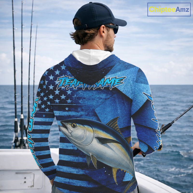 Tuna Hooded Fishing Shirts Long Sleeve With American Flag, Personalized Tuna Fishing Gift For Father Days NHT684