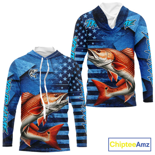Redfish Hooded Fishing Shirts Long Sleeve With American Flag, Personalized Redfish Fishing Gift For Father Days NHT685