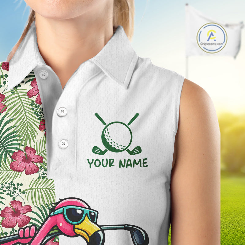 Funny Flamingo Womens Sleeveless Golf Polo Shirts Floral Tropical Leaf Flamingo Custom Name, Golf Gifts NBT564