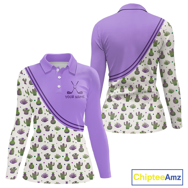 Personalized Funny Purple Cactus Pattern Womens Golf Polo Shirts Custom Cactus Golf Shirt, Golfer Gifts NBT707