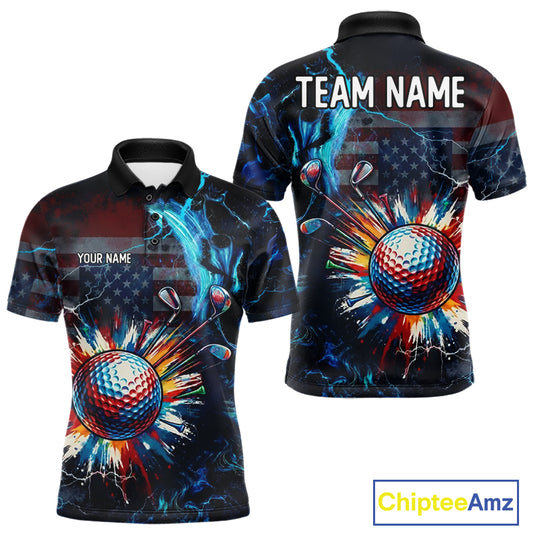 Front and back view of American Flag mens golf polo shirt custom name black golf shirt with custom name on the chest and team name on the back