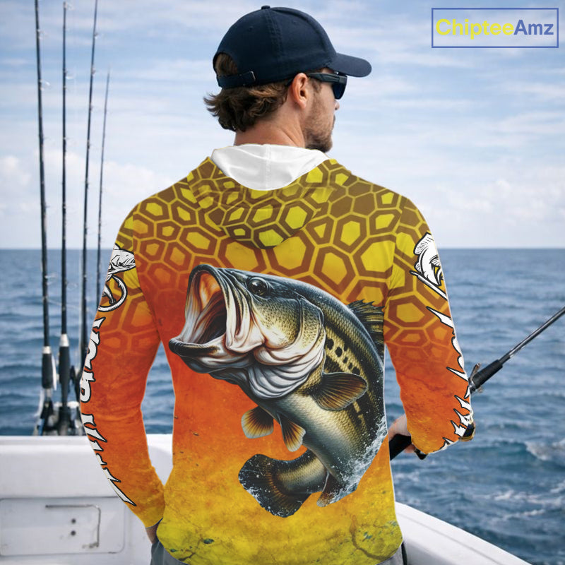 Personalized Bass Fishing Long Sleeve Hooded Fishing Shirt Yellow Camo, Bass Fishing Shirts NBT459