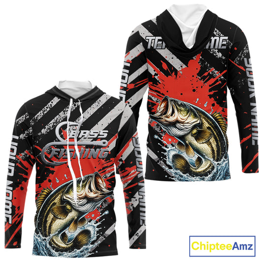 Custom Largemouth Bass Long Sleeve Hooded Tournament Fishing Shirts, Largemouth Fishing Jerseys NBT712