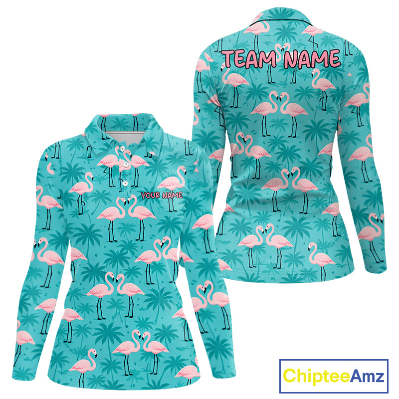 Womens Golf Polo Shirt Pink Flamingo Tropical Leaves Pattern Custom Team Flamingo Golf Polo Shirts NBT592