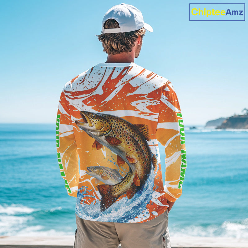 Big Brown Trout Fishing Shirts Long Sleeve Orange Camo Custom Name, Tournament Fishing Jerseys NBT410