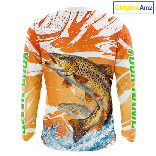 Big Brown Trout Fishing Shirts Long Sleeve Orange Camo Custom Name, Tournament Fishing Jerseys NBT410