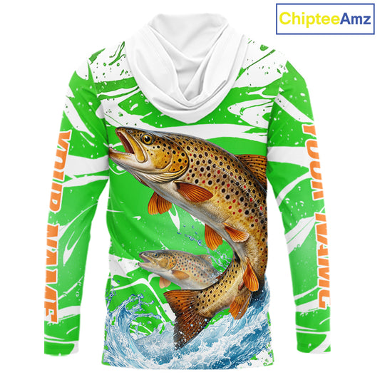 Big Brown Trout Fishing Shirt Long Sleeve Hooded Green Camo Custom Name, Tournament Fishing Jerseys NBT411